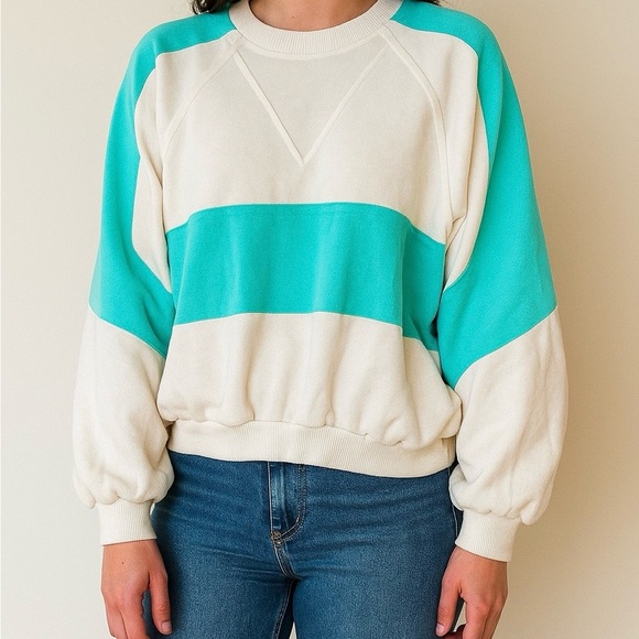 White and Teal Colorblock Sweatshirt - Picture 1 of 5